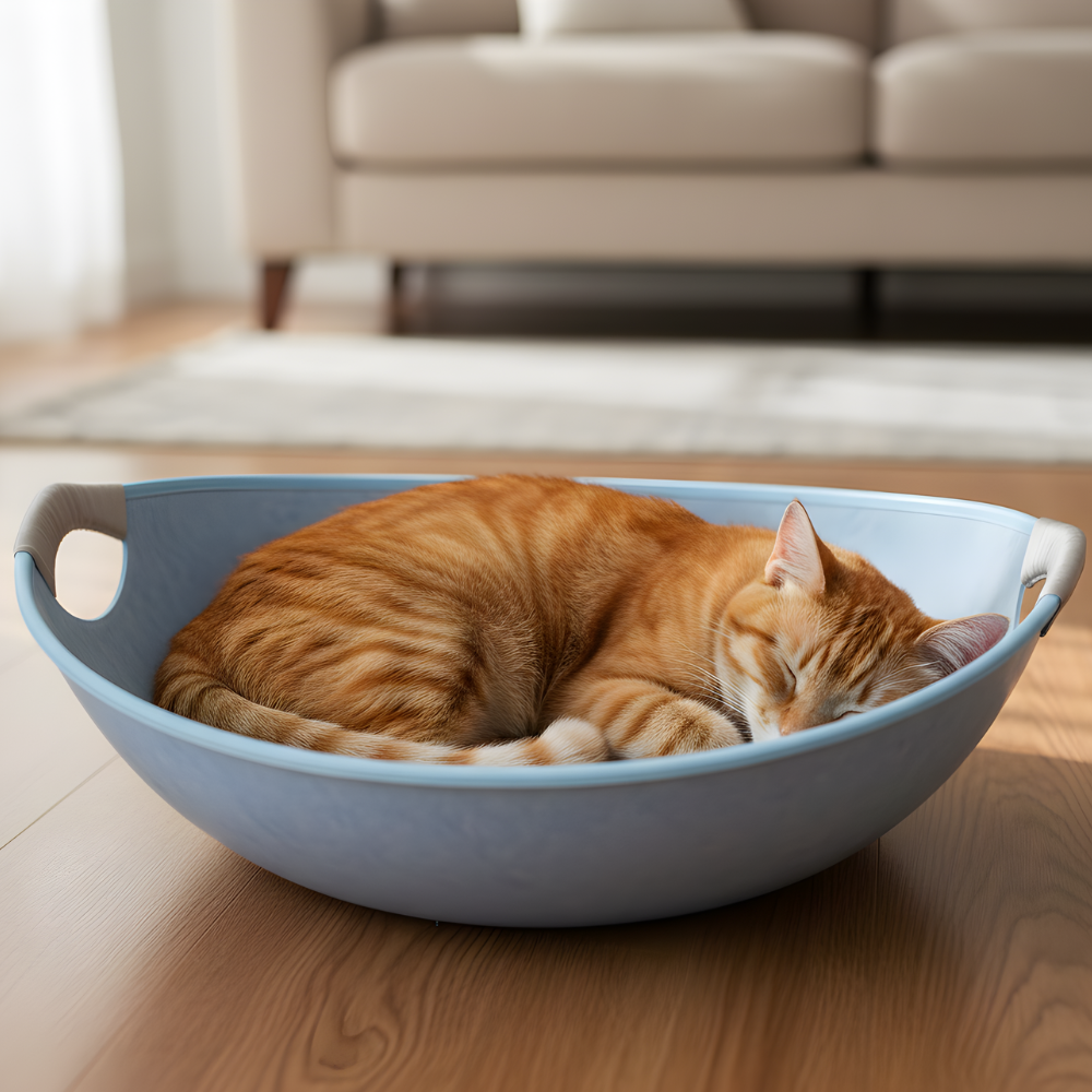 FeltHaven Round Felt Cat Bed — Curved Bowl, Scratcher Base
