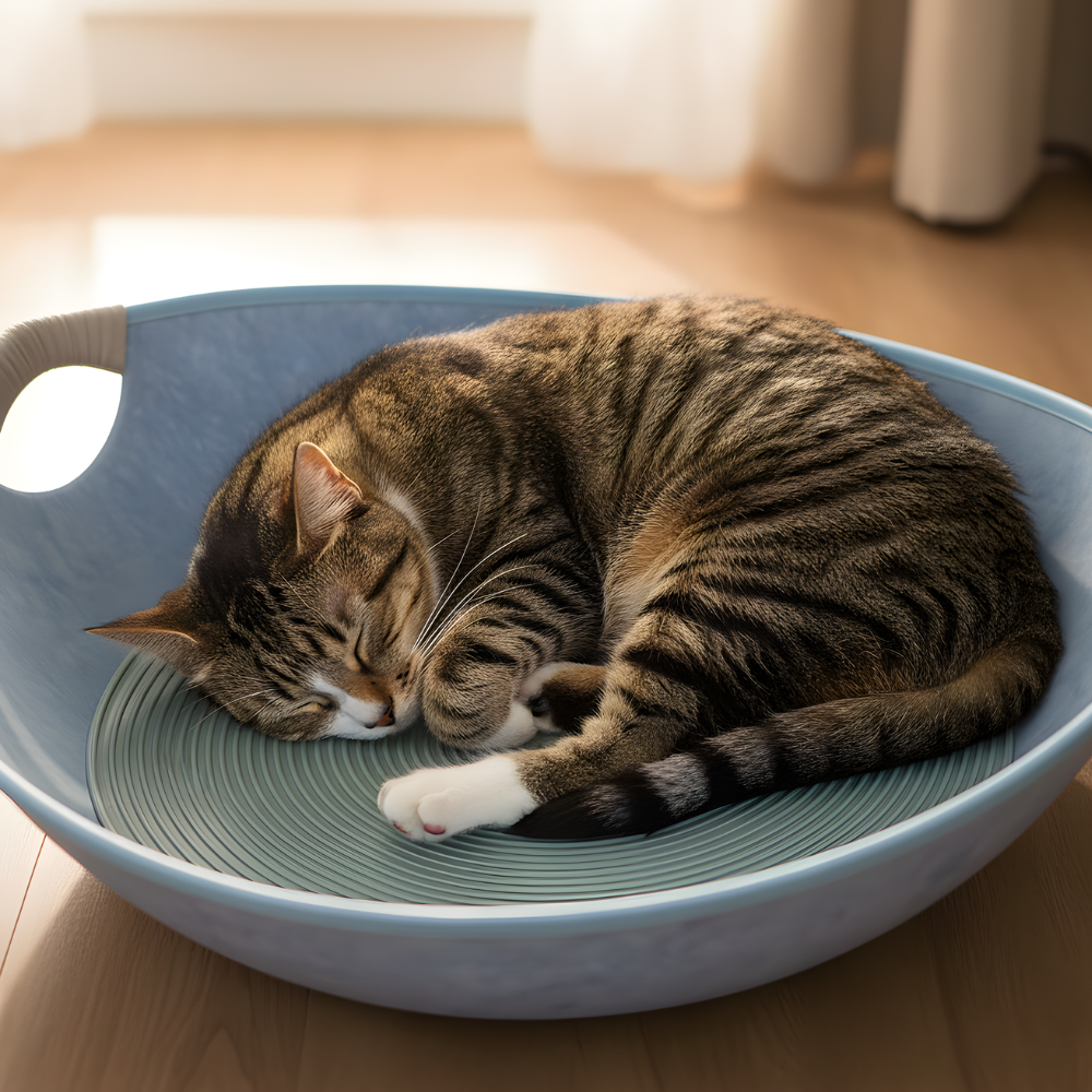 FeltHaven Round Felt Cat Bed — Curved Bowl, Scratcher Base