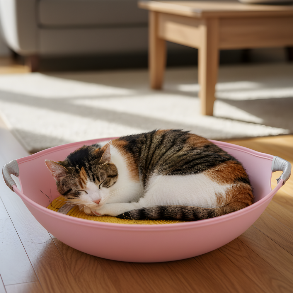 FeltHaven Round Felt Cat Bed — Curved Bowl, Scratcher Base