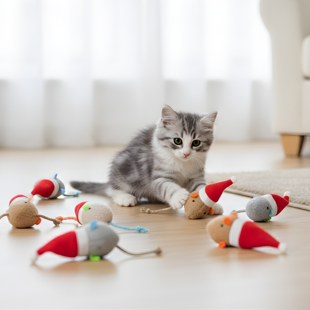 FestivePounce jule-kattelegetøjsmus med katteurt — blødt plys-sæt