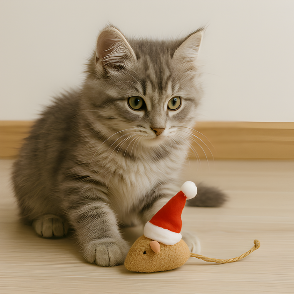FestivePounce jule-kattelegetøjsmus med katteurt — blødt plys-sæt