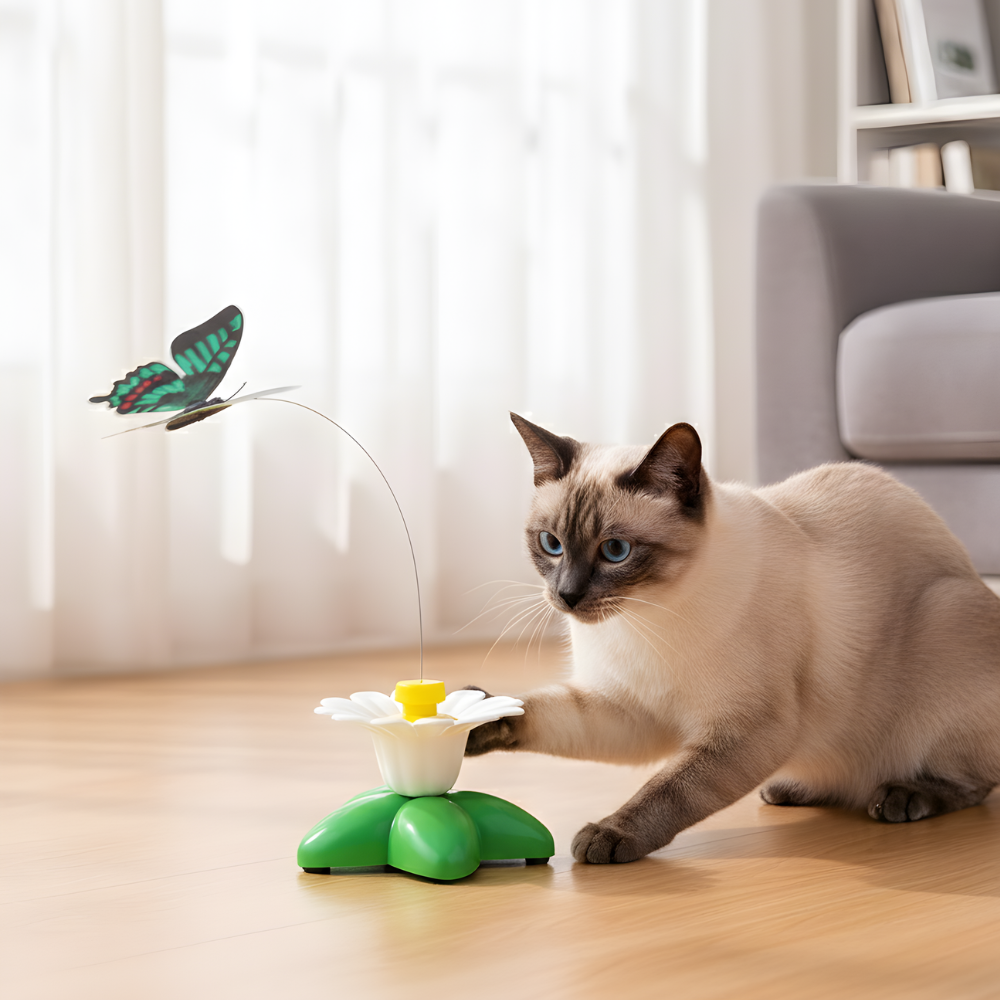 FlutterBloom 360°回転蝶々猫用おもちゃ - 追いかけ遊びを楽しめるインタラクティブ玩具