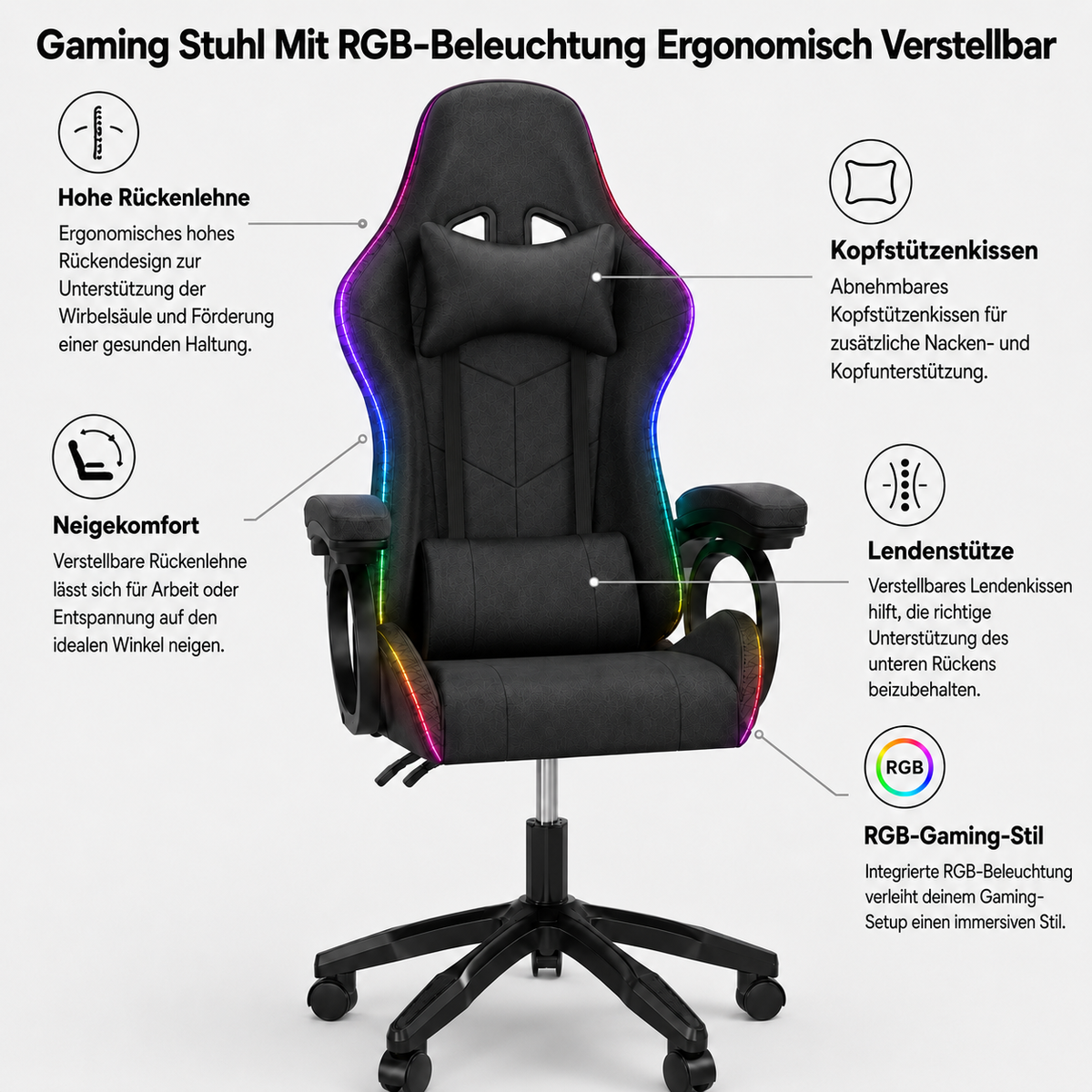 Adjustable Ergonomic Gaming Chair with RGB Lighting
