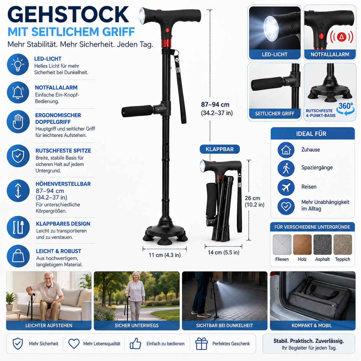 Folding Walking Cane — LED Light, Non-Slip Tip & Side Handle