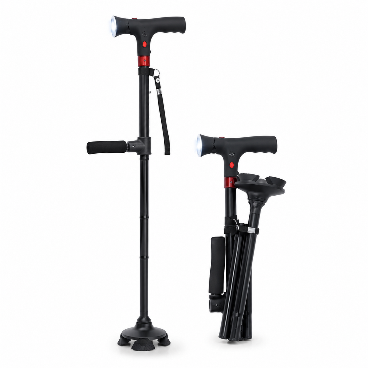 Folding Walking Cane — LED Light, Non-Slip Tip & Side Handle