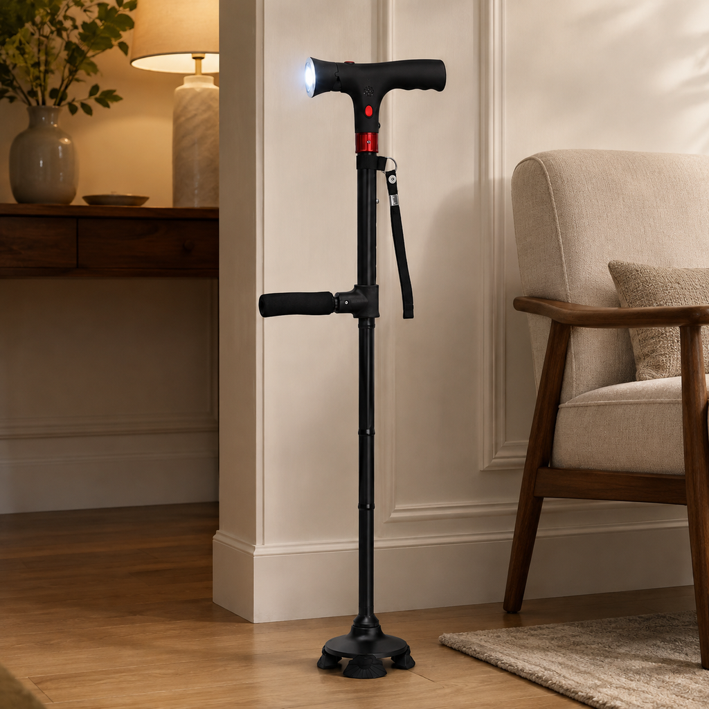 Folding Walking Cane — LED Light, Non-Slip Tip & Side Handle