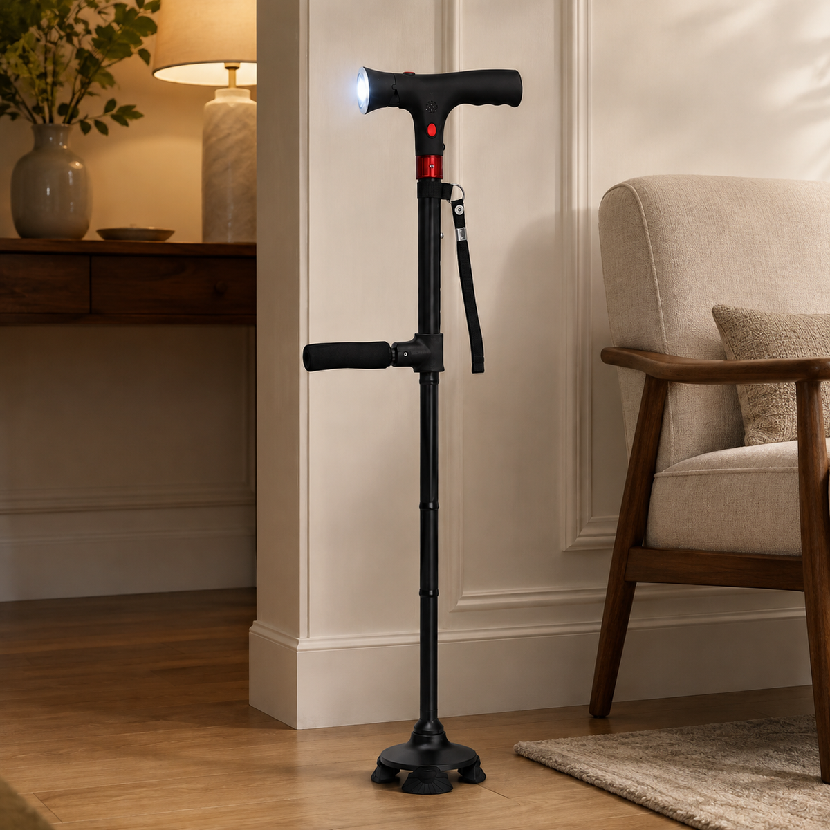 Folding Walking Cane — LED Light, Non-Slip Tip & Side Handle