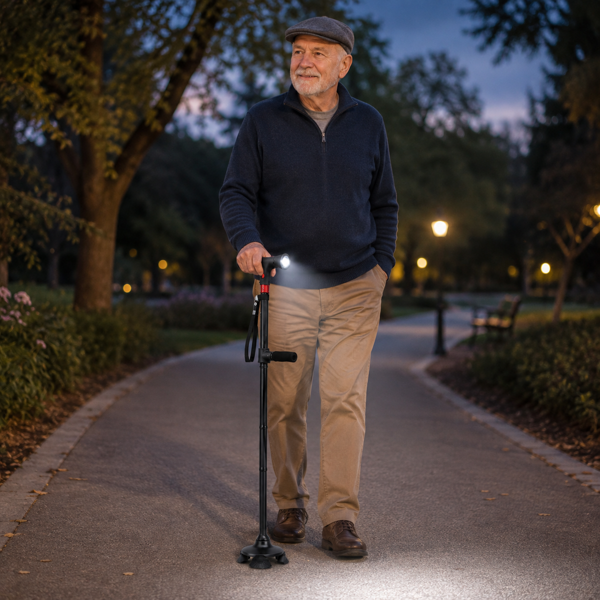 Folding Walking Cane — LED Light, Non-Slip Tip & Side Handle