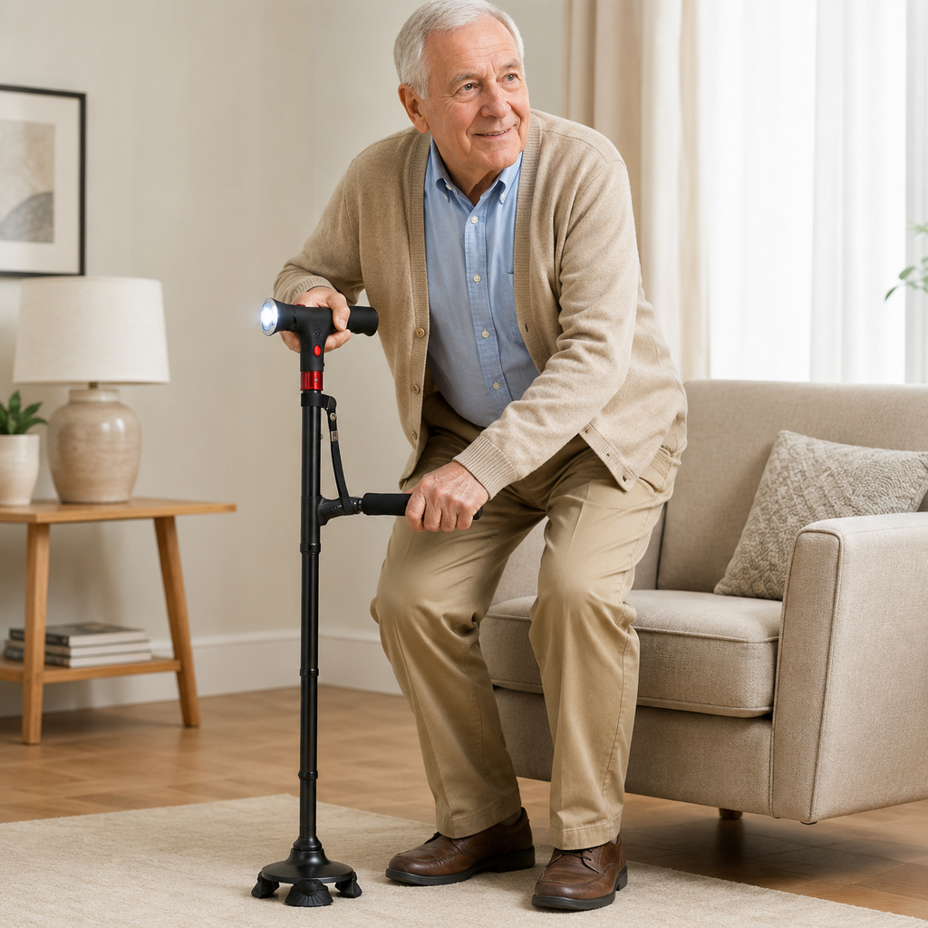 Folding Walking Cane — LED Light, Non-Slip Tip & Side Handle