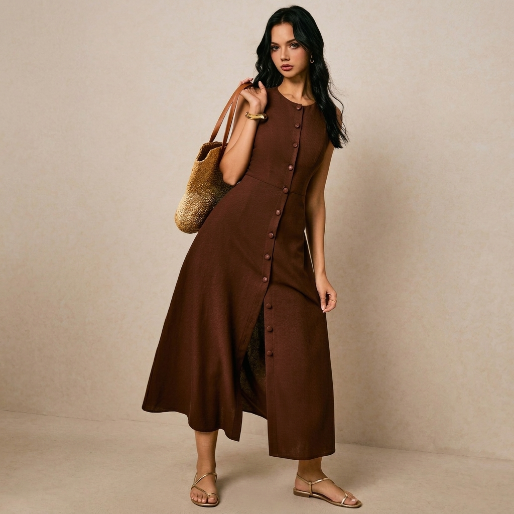 Robe Midi Boutonnée en Lin Épuré – L'Élégance Estivale Signée Magazelle