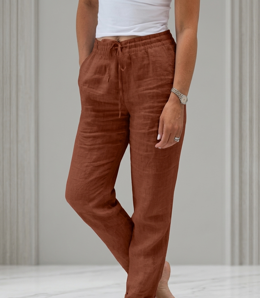 Pantalon Fluide en Lin Mélangé à Taille Élastiquée
