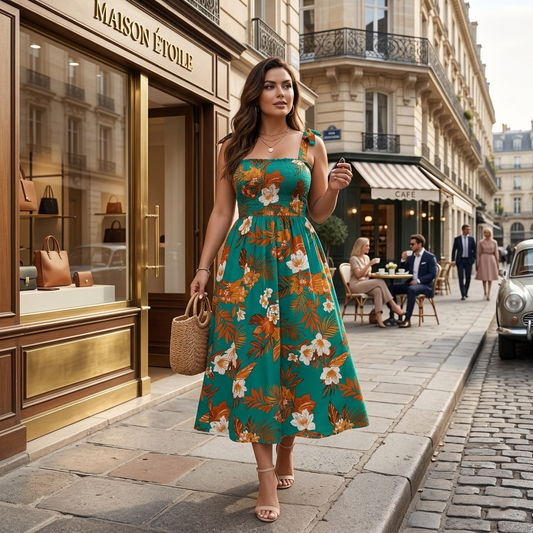 Robe Longue d'Été Fluide à Imprimé Floral & Épaules Nouées