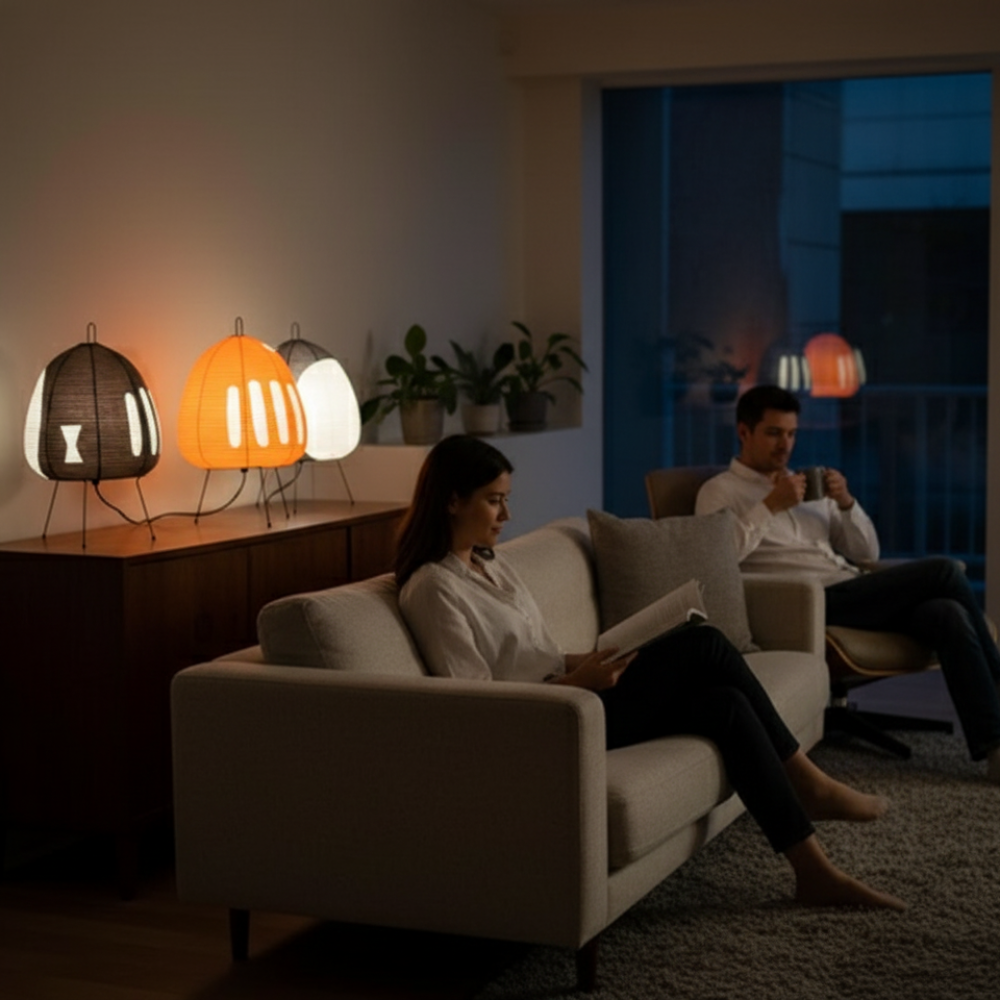 Lampă de masă japoneză din hârtie de orez - lumină caldă modernă, cadru din fier