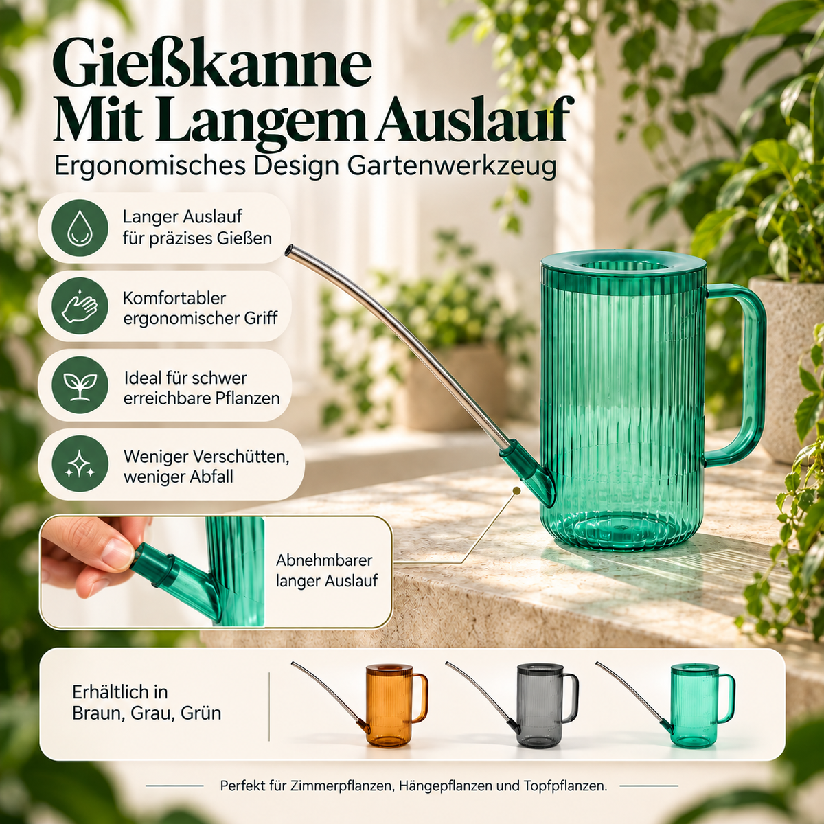 Gieter met lange tuit voor hangplanten — maataanduiding