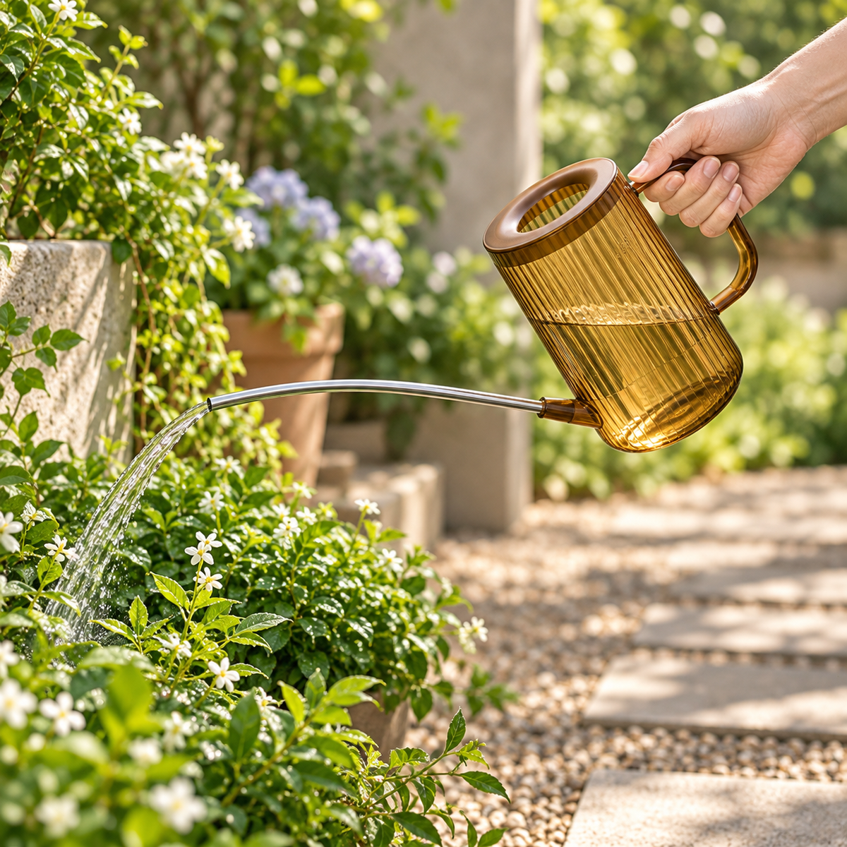 Gieter met lange tuit voor hangplanten — maataanduiding