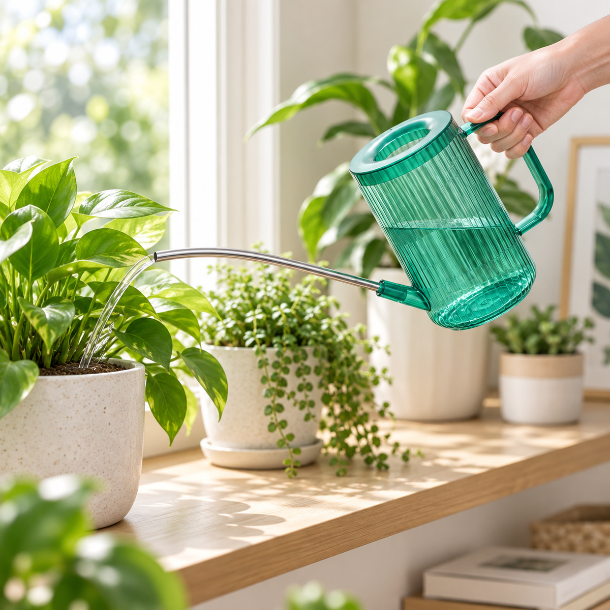 Gieter met lange tuit voor hangplanten — maataanduiding