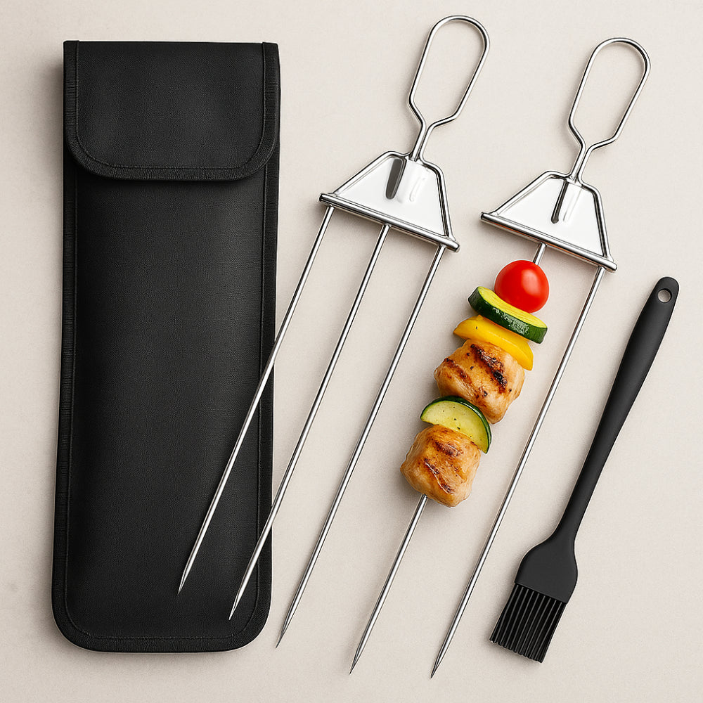 Grillspieß-Set aus Edelstahl mit drei Zinken