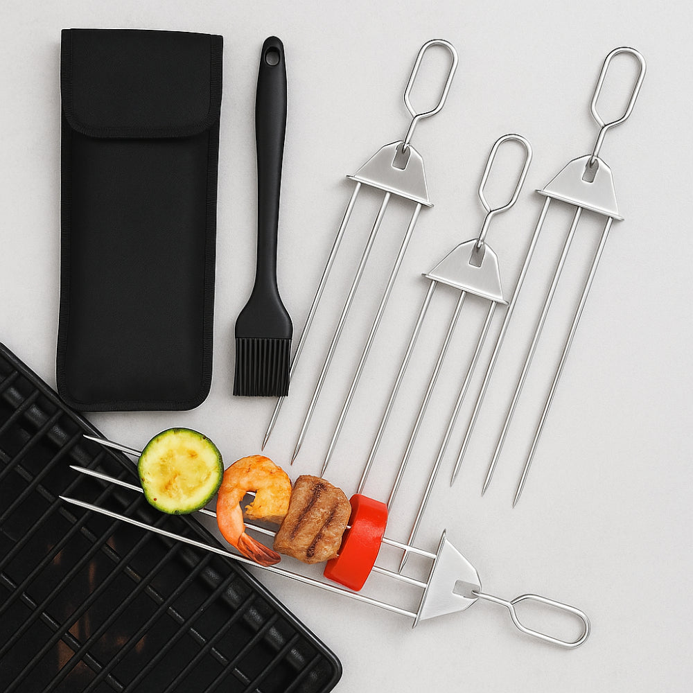 Grillspieß-Set aus Edelstahl mit drei Zinken