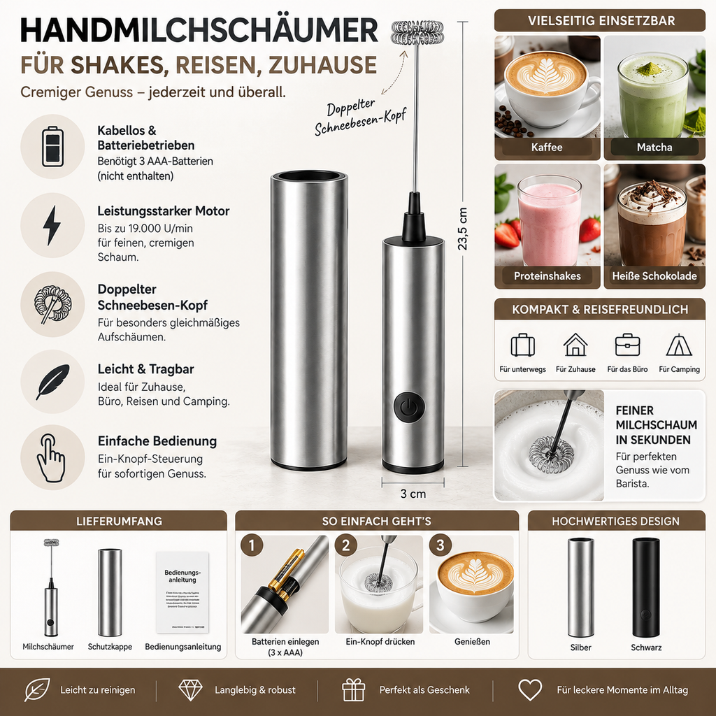 Tragbarer kabelloser Handmilchaufschäumer für Shakes und Matcha