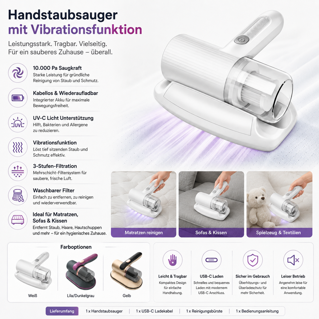 Draagbare handstofzuiger — trilfunctie, 10,000 Pa