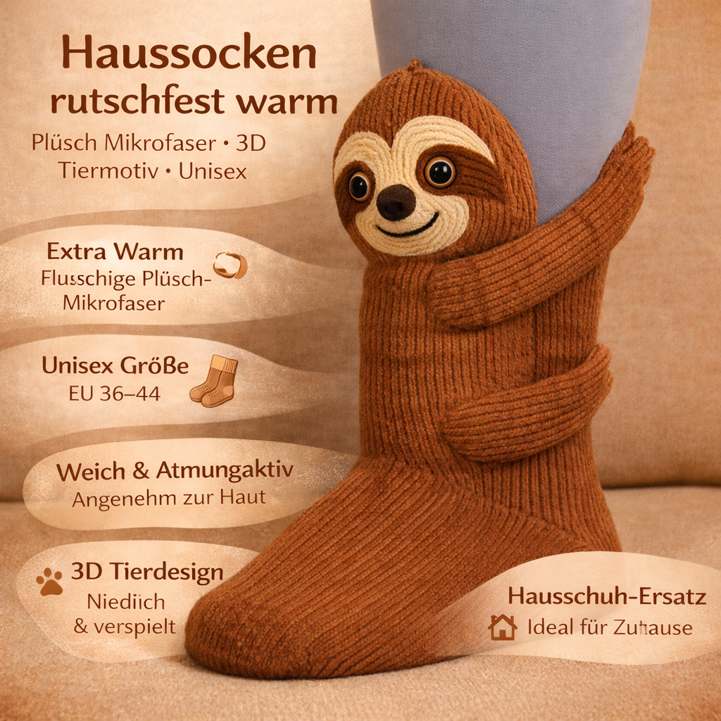 Unisex-varme hussokker i mikrofiber — Bløde, skridsikre, med 3D-dyremotiv
