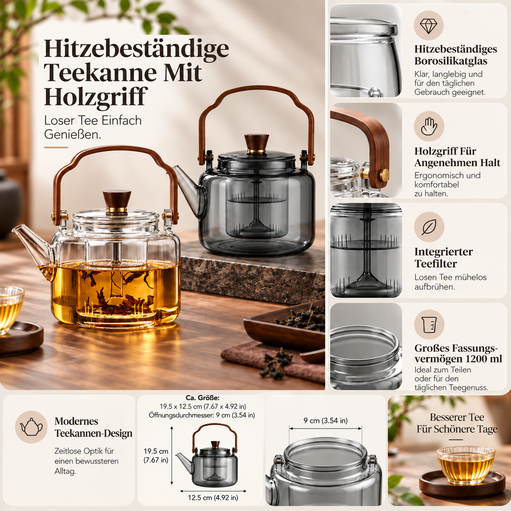 Żaroodporny dzbanek do herbaty 1200 ml — drewniany uchwyt do herbaty liściastej
