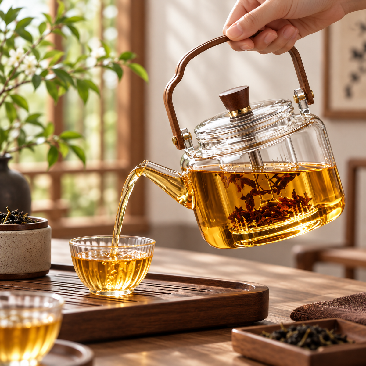 Żaroodporny dzbanek do herbaty 1200 ml — drewniany uchwyt do herbaty liściastej