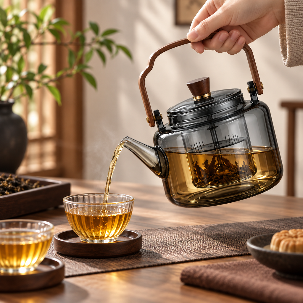Żaroodporny dzbanek do herbaty 1200 ml — drewniany uchwyt do herbaty liściastej