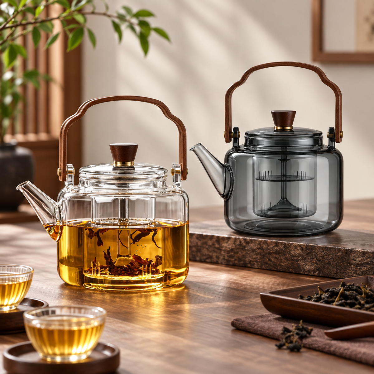 Żaroodporny dzbanek do herbaty 1200 ml — drewniany uchwyt do herbaty liściastej