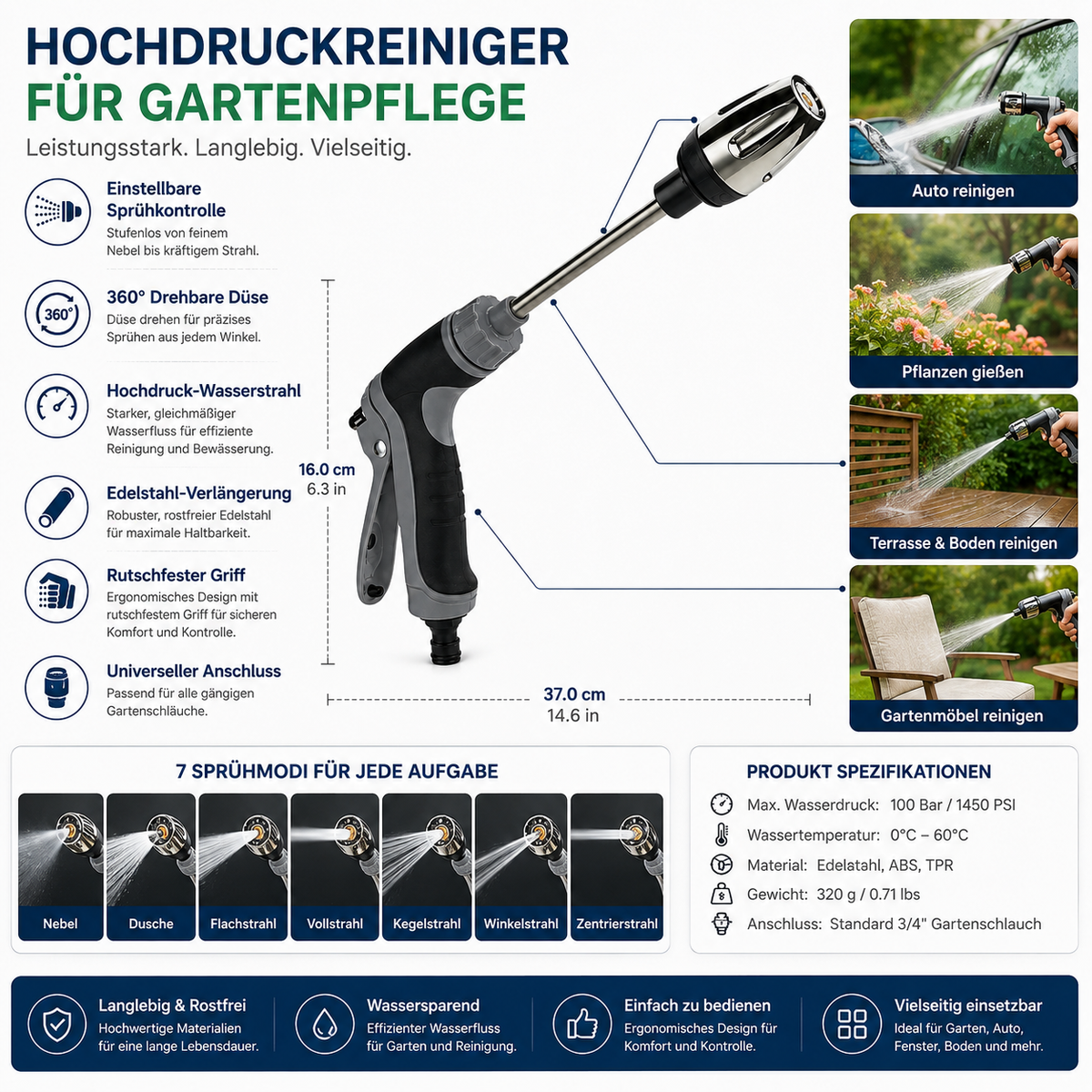 Pistola ad acqua ad alta pressione per la cura del giardino - rotazione a 360°