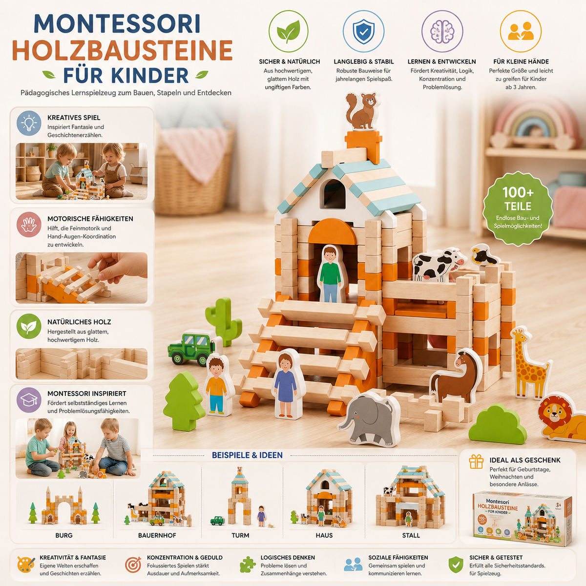 Montessori dřevěné stavební kostky pro děti — kreativní vzdělávací hračka