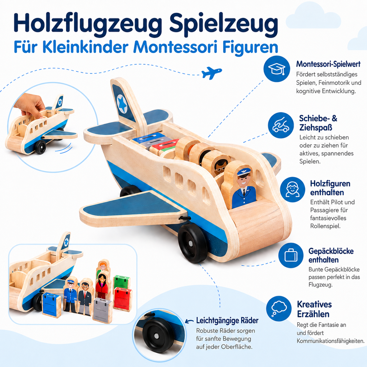 Avión de madera Montessori para niños pequeños — set de juego con figuras
