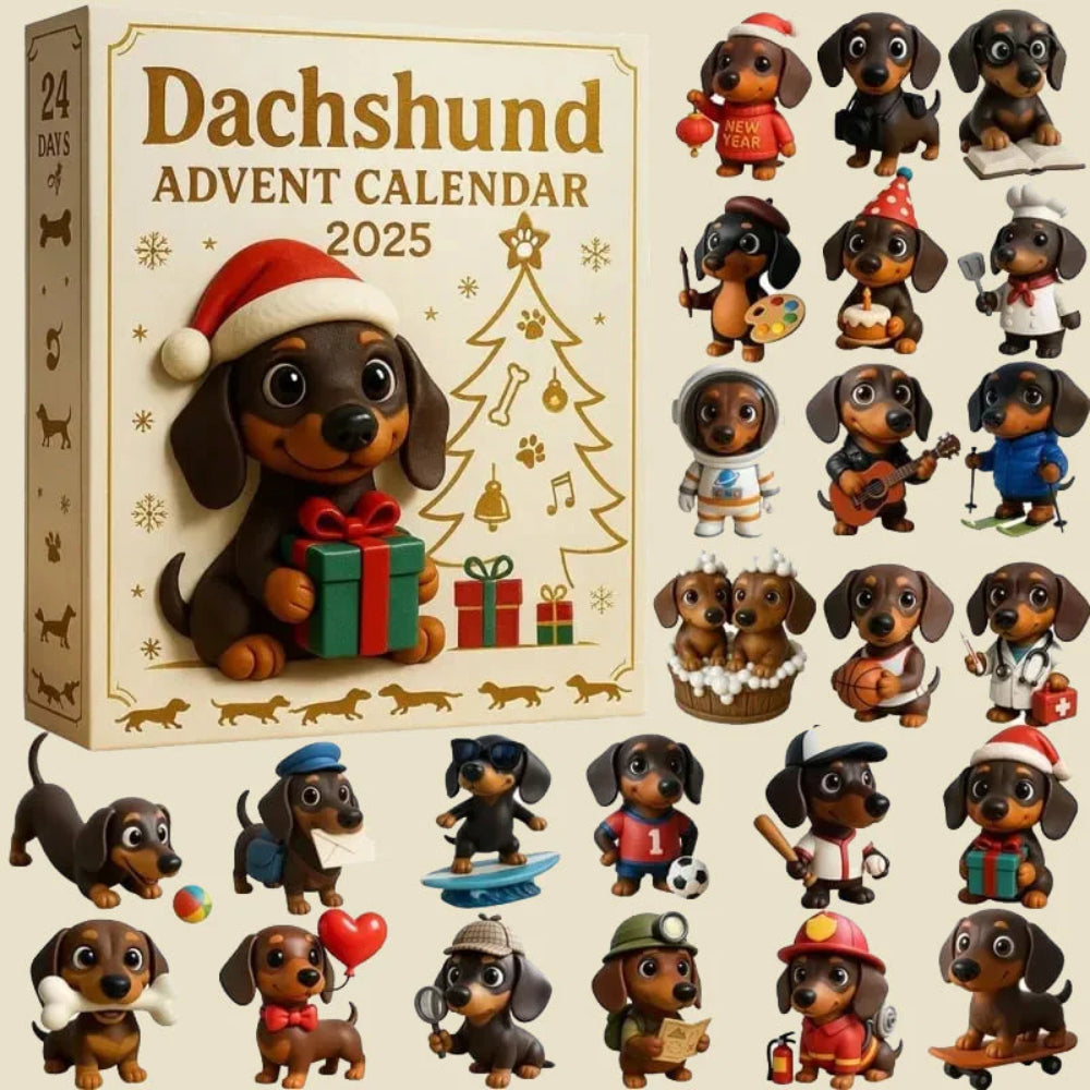 Calendar Advent pentru câini 2025 — Set de numărătoare inversă cu 24 de figurine teckel