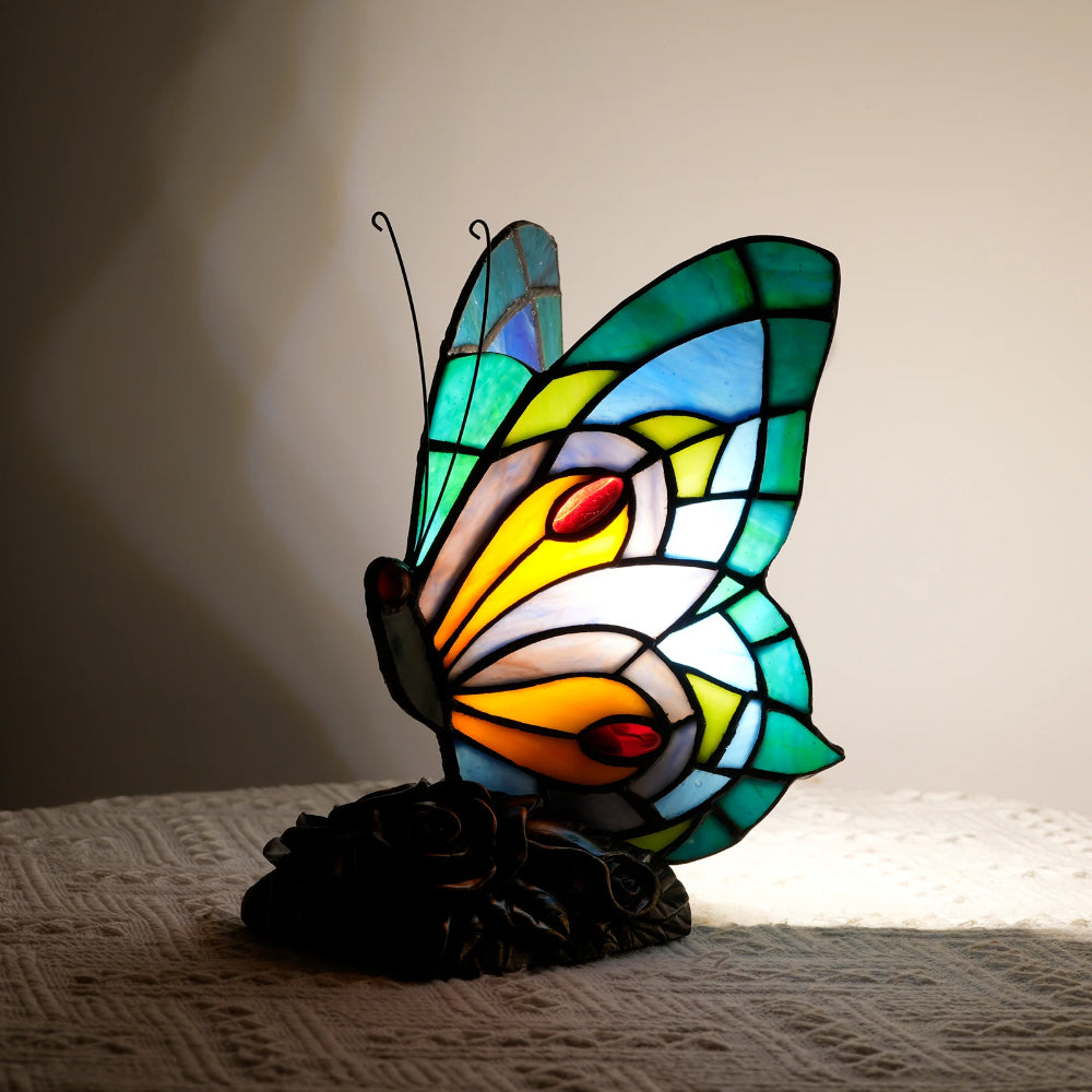 Vintage vlinder-tafellamp van glas-in-lood