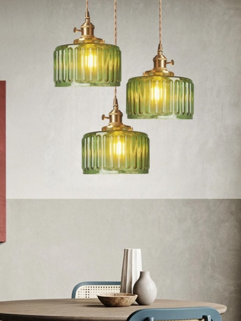 Japansk enkel vintagependel i messing og ribbet cylindrisk glas | Esilora