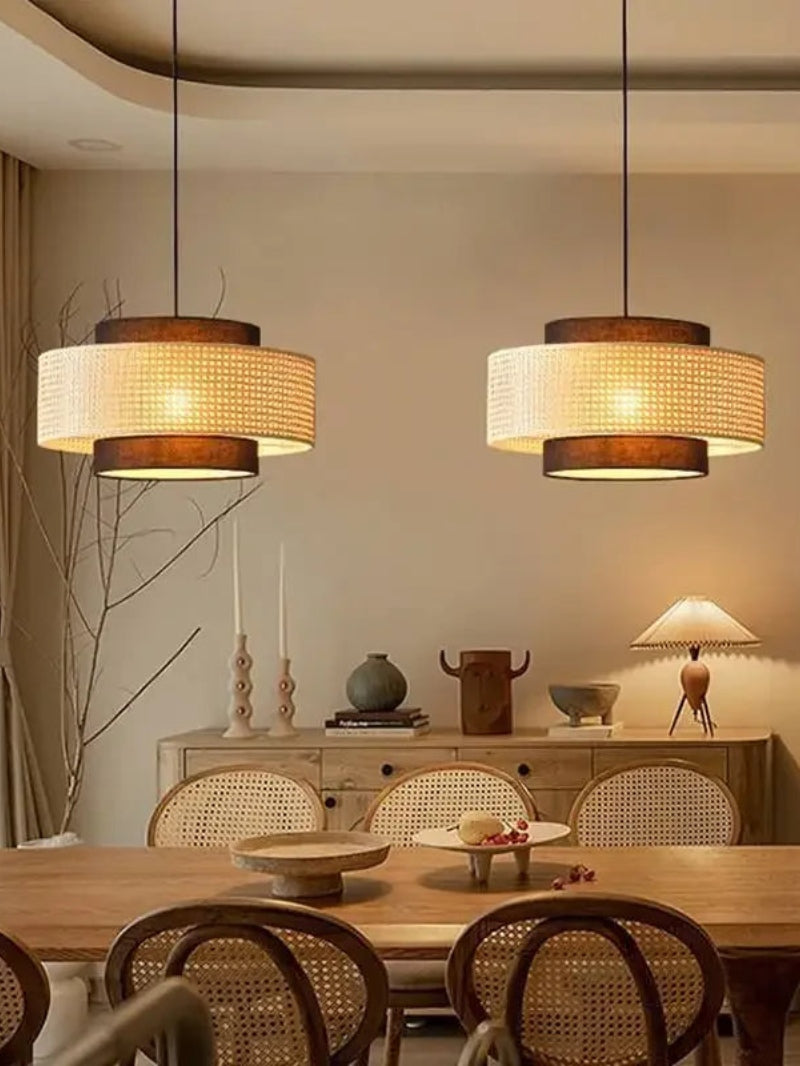 Rustic Japanese Wabi-Sabi Style Hemp Rope Rattan Drum Shape Zen Pendant Light | Esilora