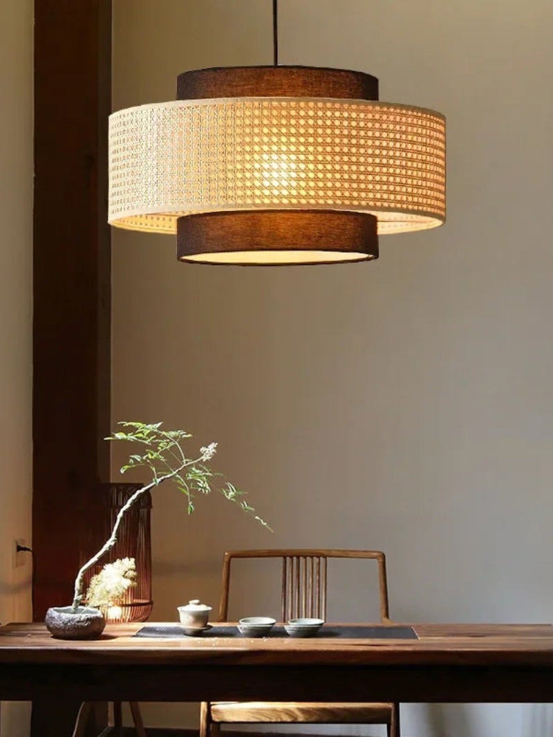 Rustic Japanese Wabi-Sabi Style Hemp Rope Rattan Drum Shape Zen Pendant Light | Esilora