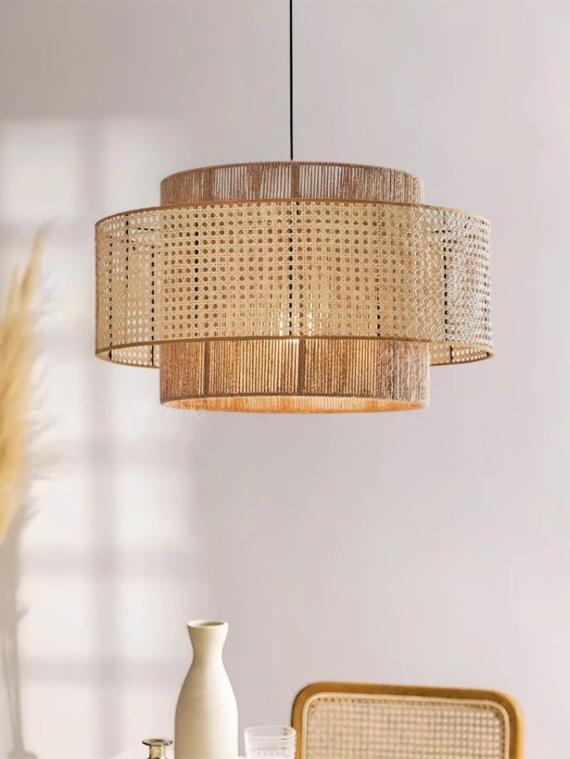 Rustic Japanese Wabi-Sabi Style Hemp Rope Rattan Drum Shape Zen Pendant Light | Esilora