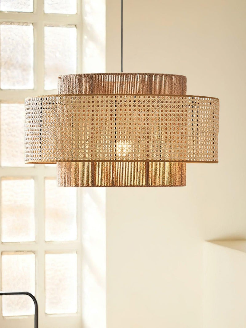Rustic Japanese Wabi-Sabi Style Hemp Rope Rattan Drum Shape Zen Pendant Light | Esilora