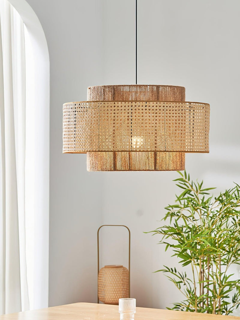 Rustic Japanese Wabi-Sabi Style Hemp Rope Rattan Drum Shape Zen Pendant Light | Esilora