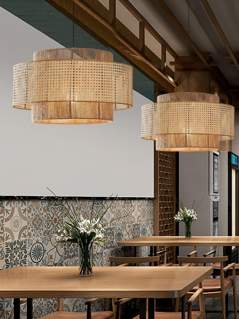 Rustic Japanese Wabi-Sabi Style Hemp Rope Rattan Drum Shape Zen Pendant Light | Esilora