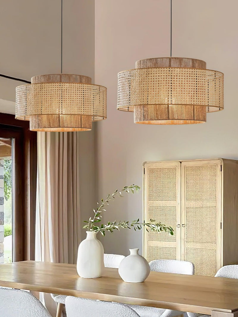 Rustic Japanese Wabi-Sabi Style Hemp Rope Rattan Drum Shape Zen Pendant Light | Esilora