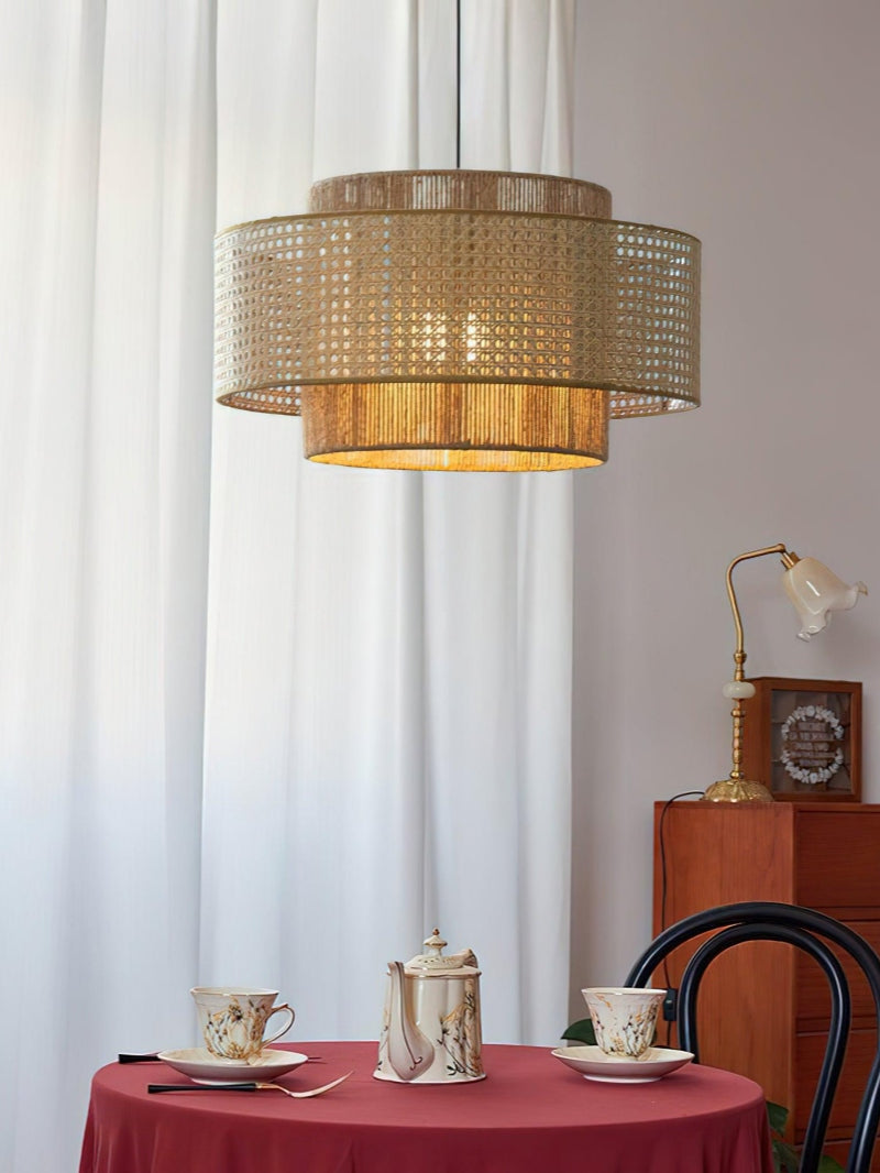 Rustic Japanese Wabi-Sabi Style Hemp Rope Rattan Drum Shape Zen Pendant Light | Esilora