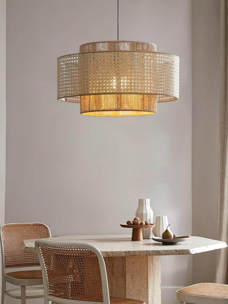 Rustic Japanese Wabi-Sabi Style Hemp Rope Rattan Drum Shape Zen Pendant Light | Esilora