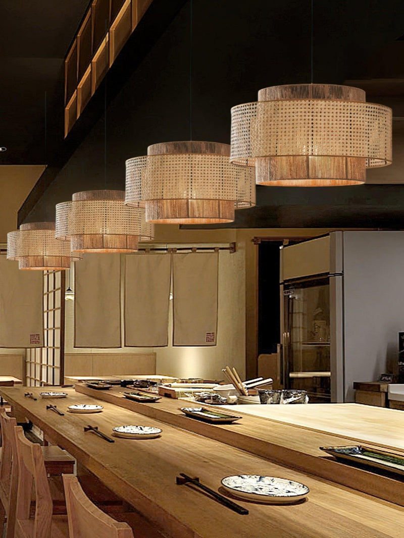 Rustic Japanese Wabi-Sabi Style Hemp Rope Rattan Drum Shape Zen Pendant Light | Esilora