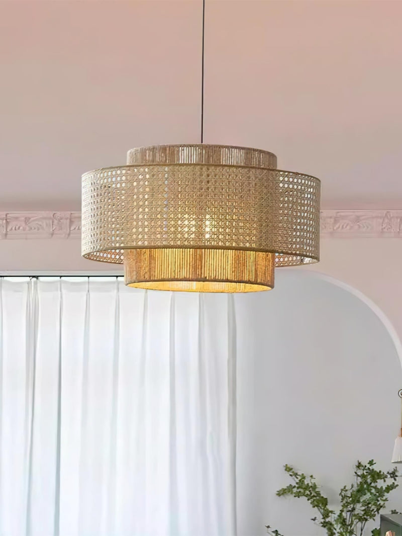 Rustic Japanese Wabi-Sabi Style Hemp Rope Rattan Drum Shape Zen Pendant Light | Esilora