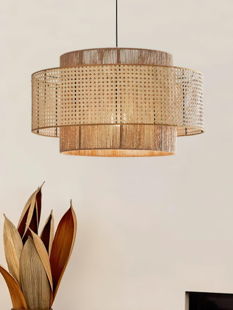 Rustic Japanese Wabi-Sabi Style Hemp Rope Rattan Drum Shape Zen Pendant Light | Esilora