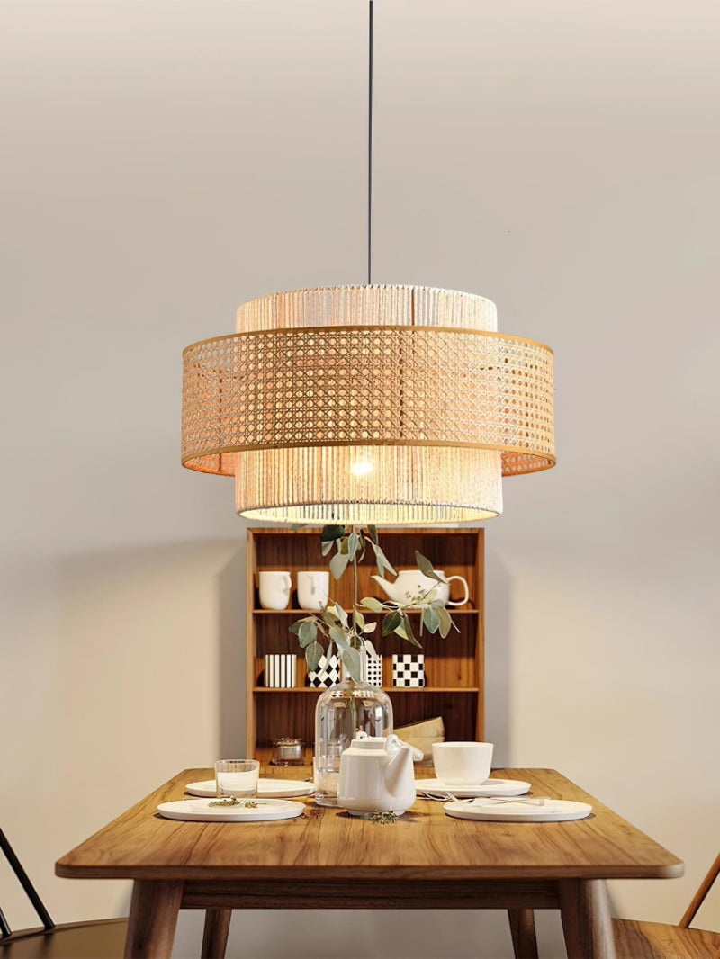 Rustic Japanese Wabi-Sabi Style Hemp Rope Rattan Drum Shape Zen Pendant Light | Esilora