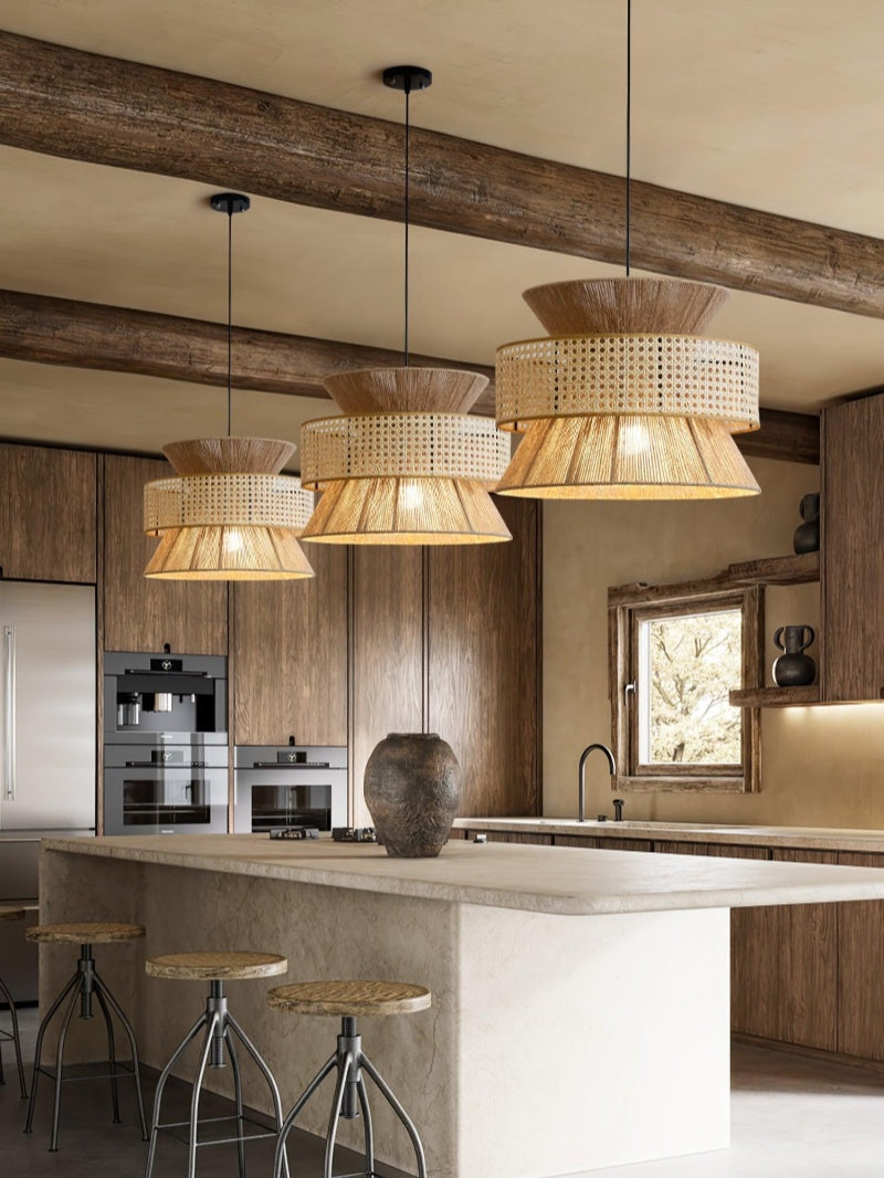 Rustic Japanese Wabi-Sabi Style Hemp Rope Rattan Drum Shape Zen Pendant Light | Esilora