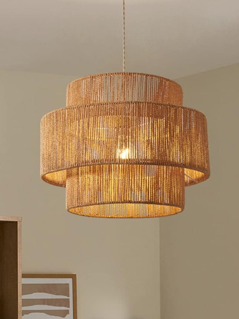 Rustic Japanese Wabi-Sabi Style Hemp Rope Rattan Drum Shape Zen Pendant Light | Esilora